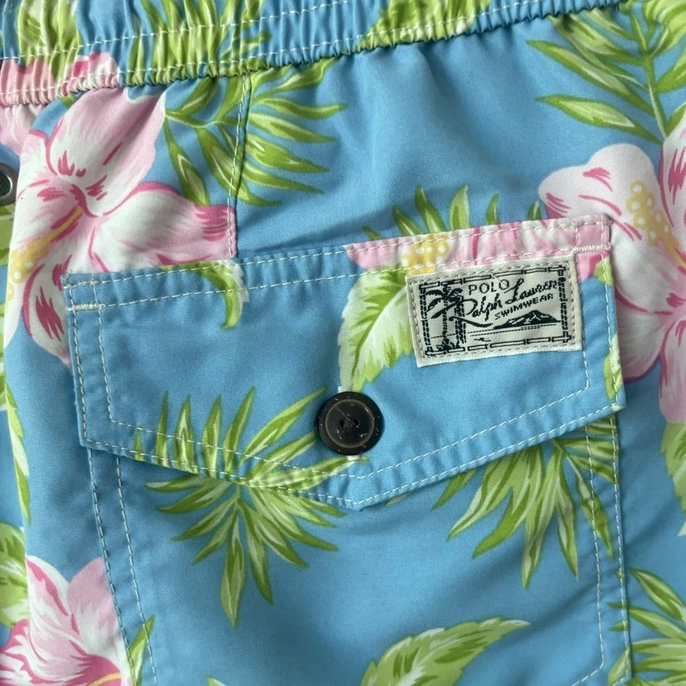 Polo Ralph Lauren Men Swim Trunks Tropical Hawaiian Floral Blue Size Medium